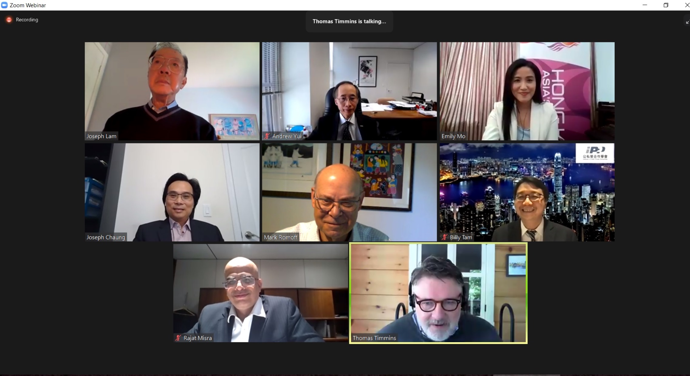 Director of the Hong Kong Economic and Trade Office (Toronto) (HKETO), Ms Emily Mo (top row, first right), spoke at the "Opportunities in Infrastructure and Public Private Partnerships (PPP) Sector in Asia for Canadian Companies" webinar hosted by the Hong Kong Trade Development Council in Canada and other organisations on May 27. 