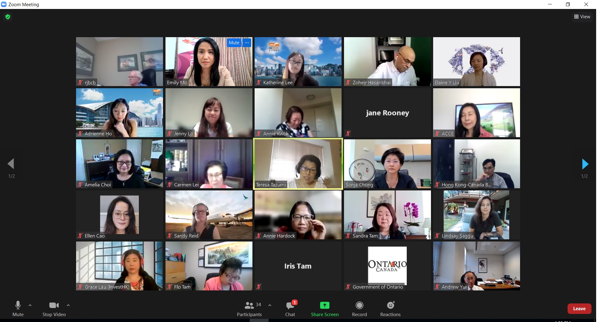 Director of the Hong Kong Economic and Trade Office (Toronto) (HKETO), Ms Emily Mo (first row, second from left), joined the “WIN@HKCBA Virtual Mission to Belt and Road Summit 2021” pre-mission networking meeting hosted virtually by Women's International Network (WIN) of the Hong Kong-Canada Business Association (HKCBA) (Toronto Section) on August 5. 