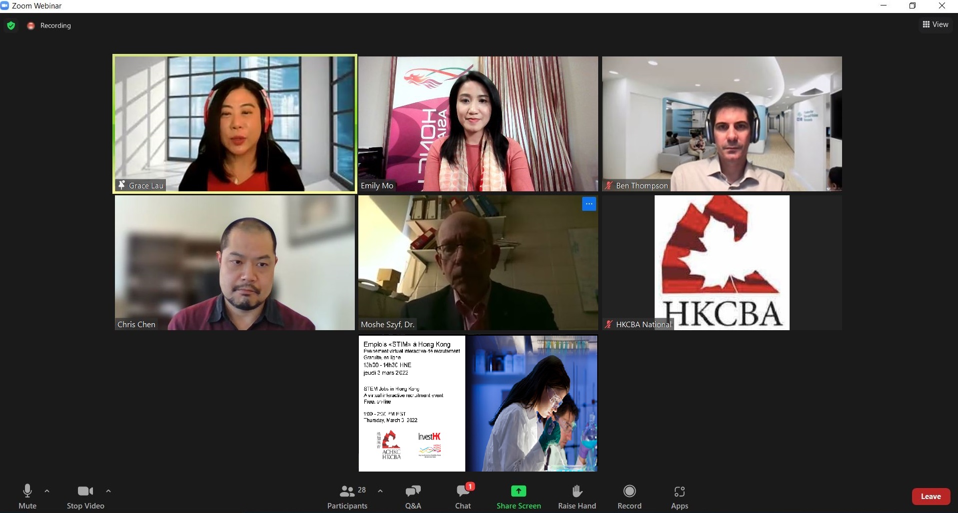 Director of the Hong Kong Economic and Trade Office (Toronto) (HKETO), Ms Emily Mo (top row, middle), joined the "STEM Jobs in Hong Kong" virtual interactive recruitment event on March 3.