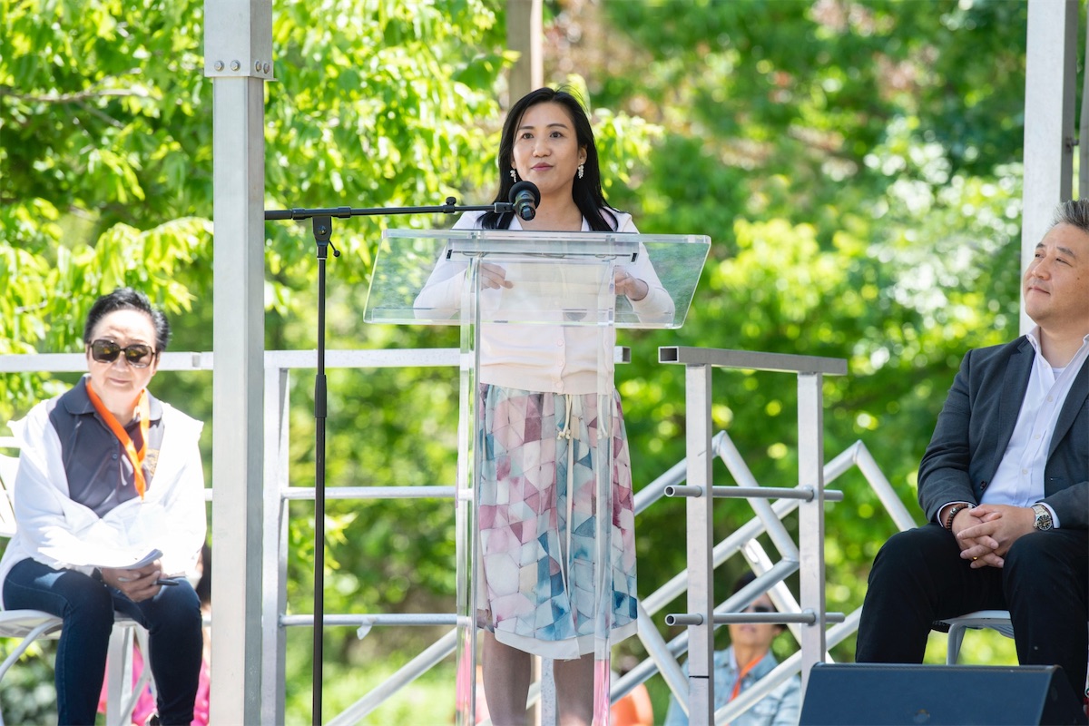Director of the Hong Kong Economic and Trade Office in Toronto (HKETO), Ms Emily Mo, speaks at the opening ceremony of the 34rd Toronto International Dragon Boat Race Festival at Toronto Centre Island on June 18.