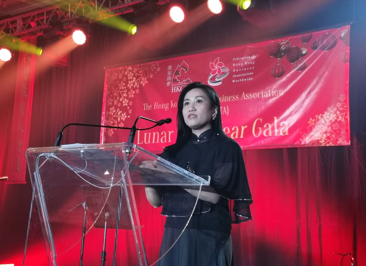 Director of the Hong Kong Economic and Trade Office (Toronto) Ms Emily Mo speaks at the Lunar New Year Gala Dinner of the Hong Kong-Canada Business Association (HKCBA) Greater Toronto Area (GTA) Section on January 28.