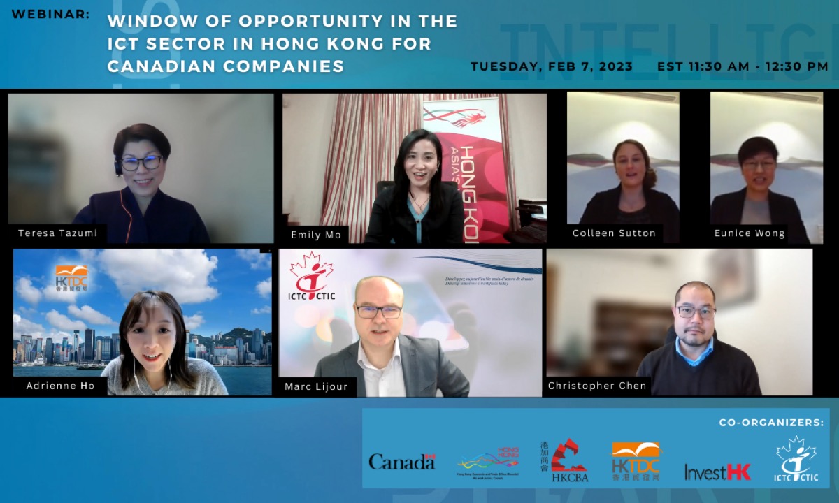 Director of the Hong Kong Economic and Trade Office (Toronto), Ms Emily Mo (top row, centre), joined the "Window of Opportunity in the ICT Sector in Hong Kong for Canadian Companies” webinar co-hosted by the HKETO, Hong Kong Trade Development Council (Toronto), Invest Hong Kong (Canada) (IHK) and Hong Kong-Canada Business Association (Toronto Section) on February 7.