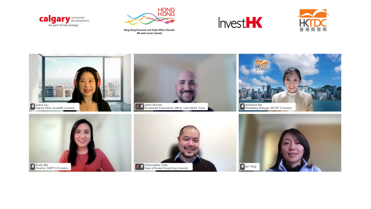 Director of the Hong Kong Economic and Trade Office (Toronto) (HKETO), Ms Emily Mo (second row, first left) speaks at the Webinar on Funding and Business Opportunities in Hong Kong for Canadian Health Care, Biotech and Life Science Companies, co-organised by HKETO, Invest Hong Kong, Hong Kong Trade Development Council and Calgary Economic Development on March 2.