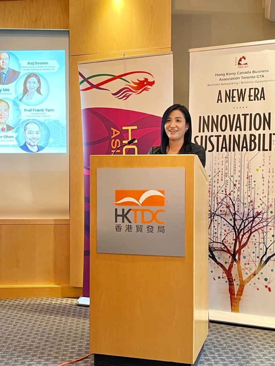 Director of the Hong Kong Economic and Trade Office (Toronto), Ms Emily Mo, speaks at the Fireside Chat on Innovation and Technology co-organised by the Hong Kong-Canada Business Association (HKCBA)(Toronto Chapter), HKETO, Hong Kong Trade Development Council (HKTDC) Toronto Office, Invest Hong Kong (InvestHK) Canada on May 3.