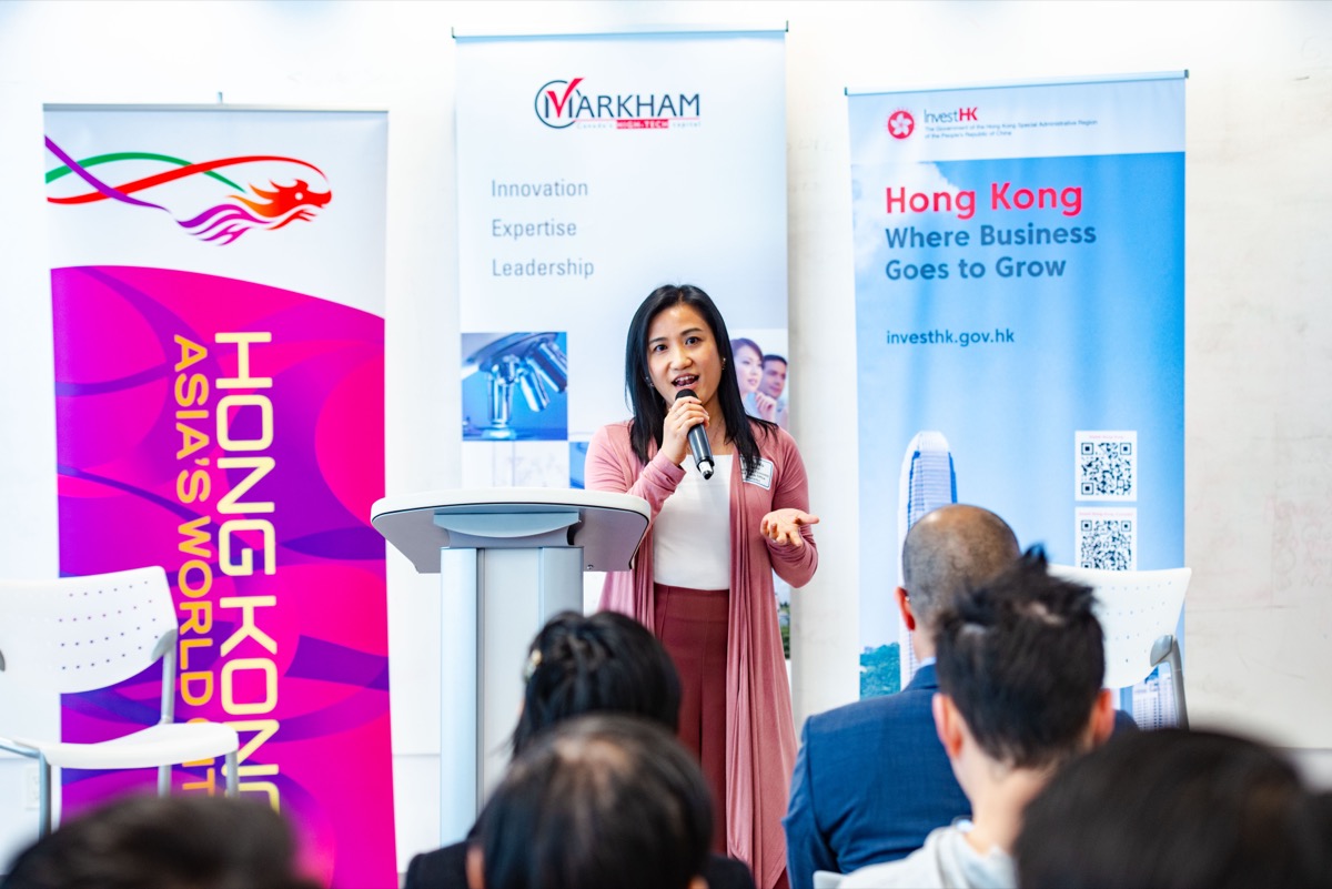 Director of the Hong Kong Economic and Trade Office (Toronto), Ms Emily Mo, speaks at the 2nd “Hong Kong-Markham Tech Exchange” hybrid event hosted by the HKETO, the City of Markham, Invest Hong Kong (InvestHK) (Canada) and the Canadian Chamber of Commerce in Hong Kong on May 10.