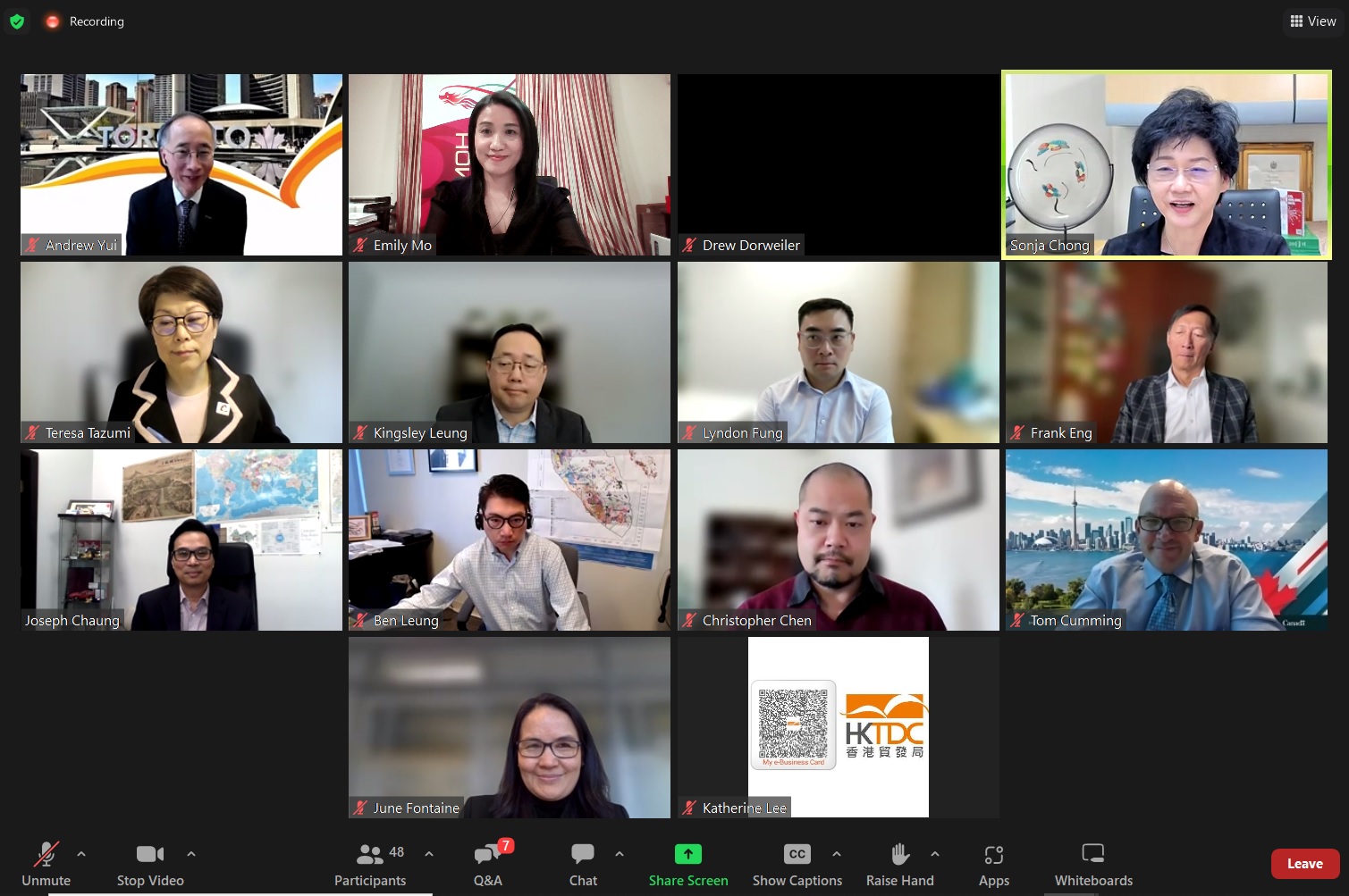 Director of the Hong Kong Economic and Trade Office (Toronto), Ms Emily Mo (first row, second left), joined the “Leveraging the CanExport Programme to Think Asia, Think Hong Kong” webinar co-hosted by the HKETO, Hong Kong Trade Development Council (Toronto), Invest Hong Kong (Canada) and Hong Kong-Canada Business Association (Toronto Section) on March 6.