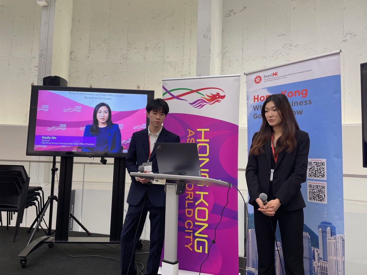 Director of the Hong Kong Economic and Trade Office (Toronto) (HKETO), Ms Emily Mo (left), joined Co-Presidents of Junior Hong Kong-Canada Business Association, Mr Shikun Han (middle) and Ms Jianlin Lei (right), and spoke virtually at the 2024 iPitch Competition hosted by the Junior Hong Kong-Canada Business Association in Montreal on March 15.