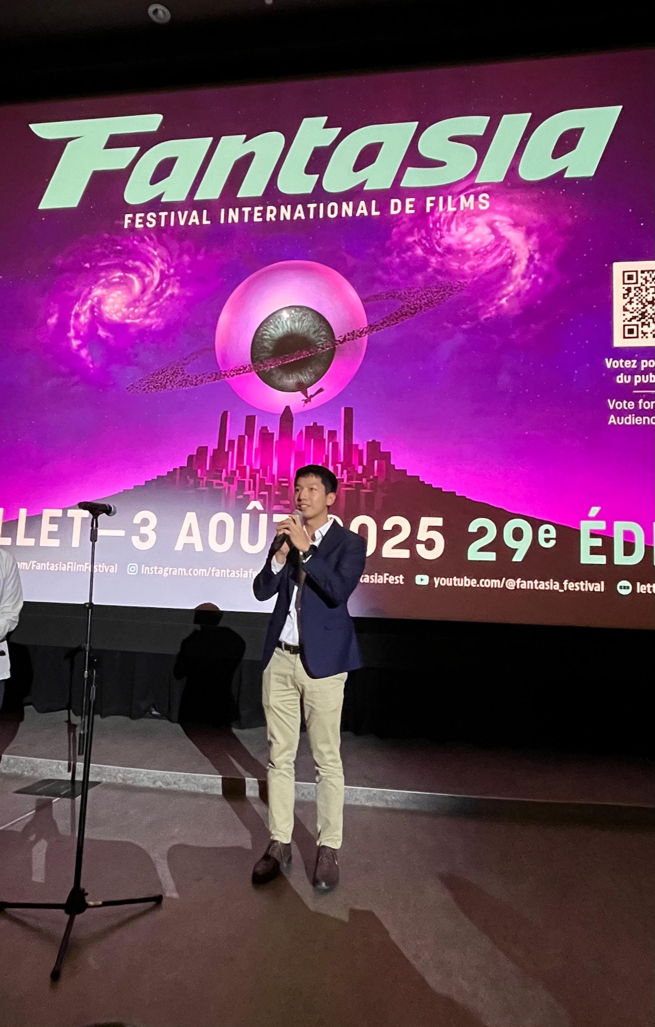 The Acting Director of the Hong Kong Economic and Trade Office (Toronto), Mr Gavin Yeung, speaks before the world premiere of the Hong Kong movie “Good Game” at Concordia Hall Theatre in Montreal, Canada, on July 27.