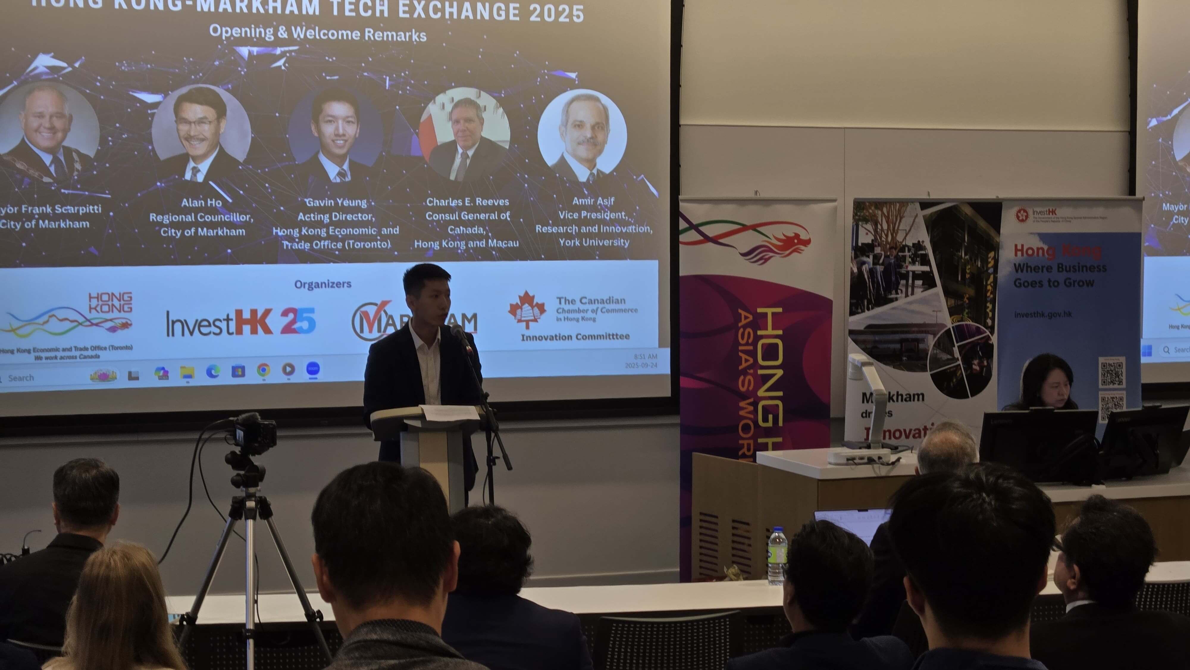 The Acting Director of the Hong Kong Economic and Trade Office (Toronto), Mr Gavin Yeung, speaks at the “Hong Kong-Markham Tech Exchange” hybrid event hosted by the HKETO, Invest Hong Kong (InvestHK) (Canada), the City of Markham, and the Canadian Chamber of Commerce in Hong Kong on September 24.