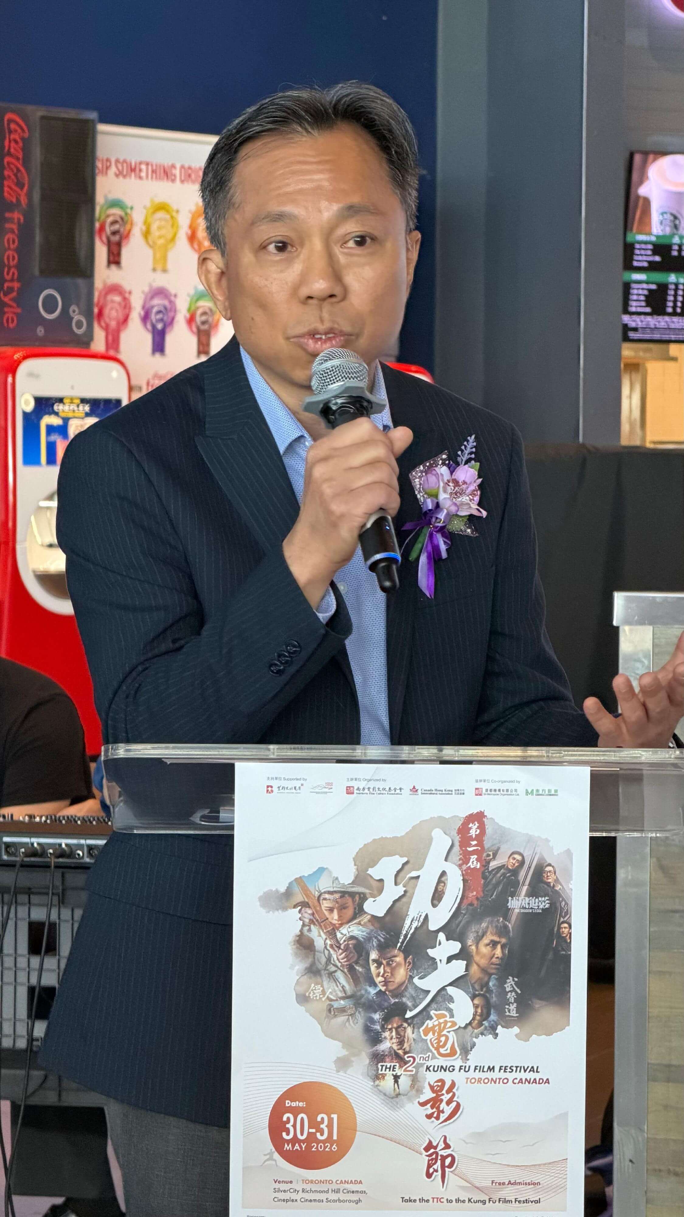 The Hong Kong Economic and Trade Office in Toronto (Toronto) (HKETO) supported the screening of seven Hong Kong kung fu movies at the Kung Fu Film Festival (Festival) in the Greater Toronto Area. Photo shows the Director of the HKETO, Mr Bill Wong giving the opening remarks at the opening ceremony of the Festival in Richmond Hill on May 30.