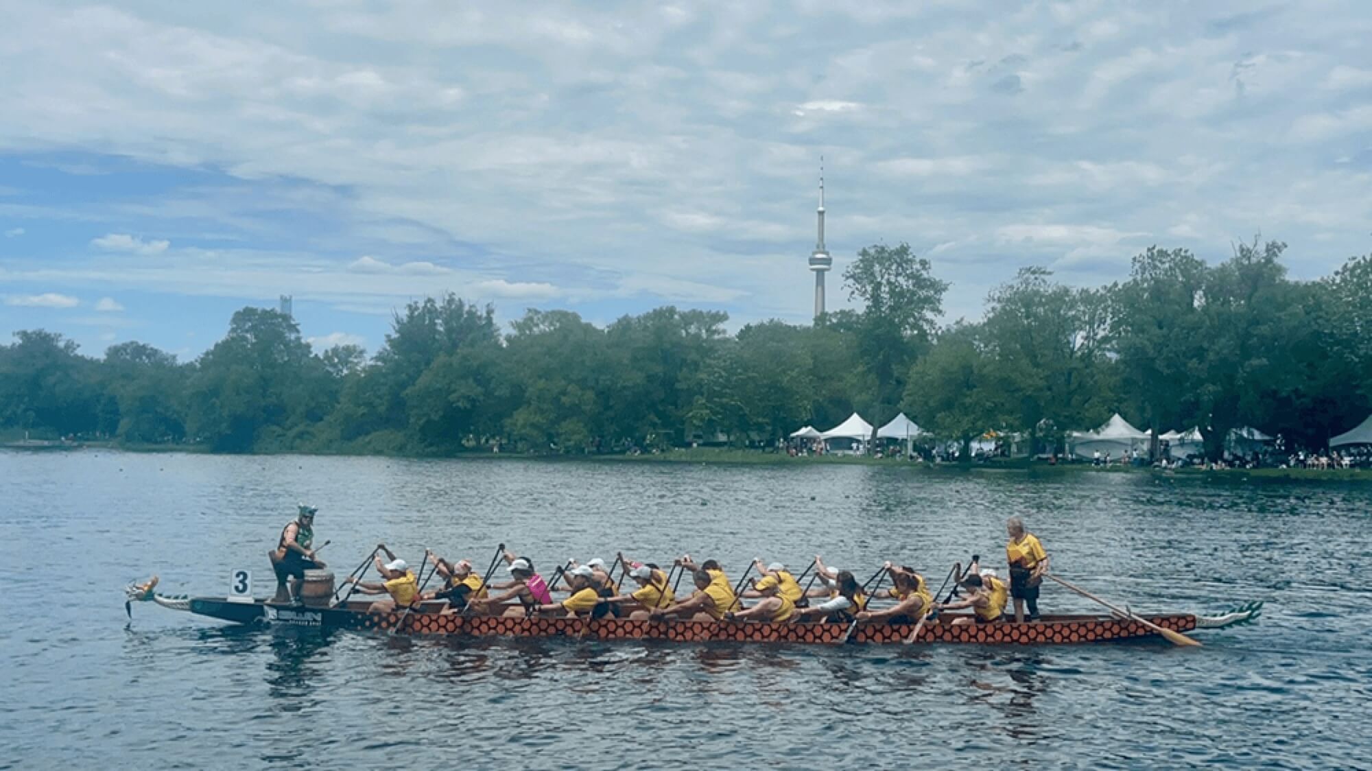 Supported by the Hong Kong Economic and Trade Office (Toronto), the 38th Toronto International Dragon Boat Race Festival was held on the Centre Island in Toronto, Canada, on June 13 and 14. Photo shows dragon boats racing at the Festival.
